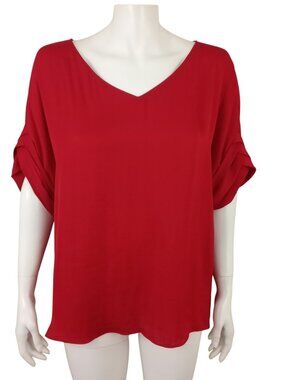 Naked Zebra Red V-Neck Satin Top Self Bands Sleeve Detail
